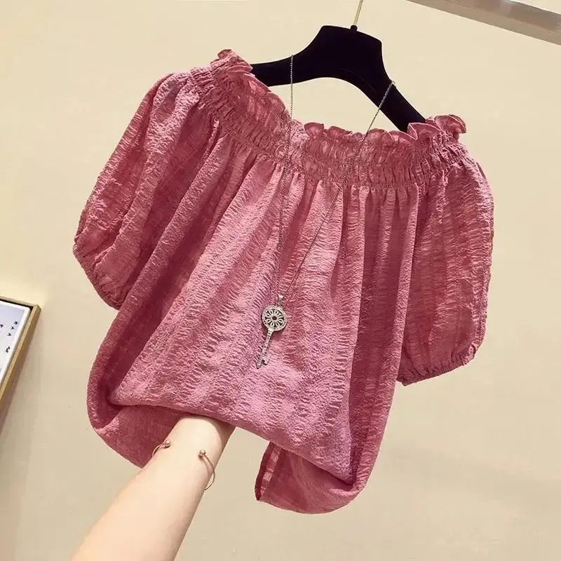 Embroidery Blouse - Rose Red casual slash neck puff