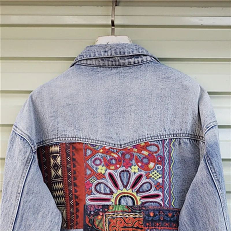 Embroidery Jacket Jeans - Bohemia Embroidery Splicing Big Pocket Denim