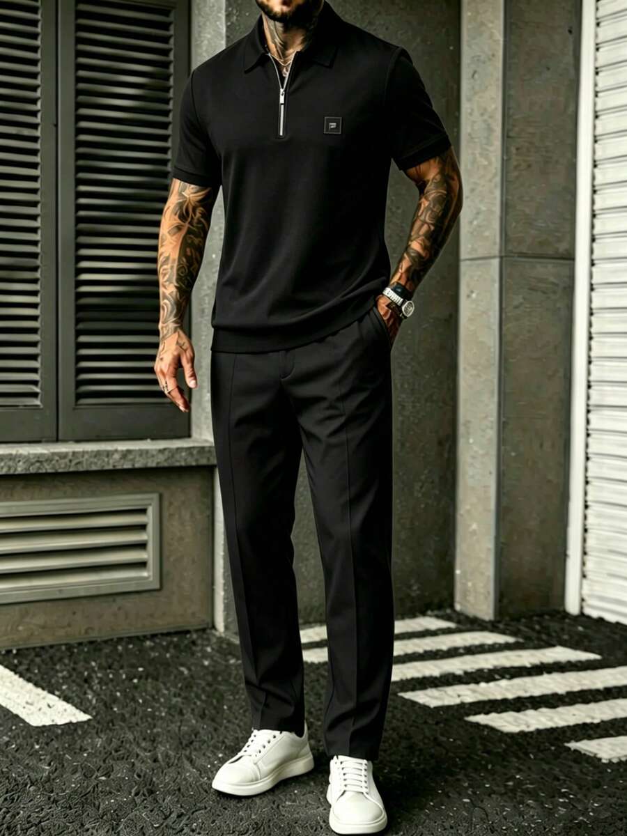 Embroidery Set - Mens Black Quarter-Sleeve Zip-Up Shirt And