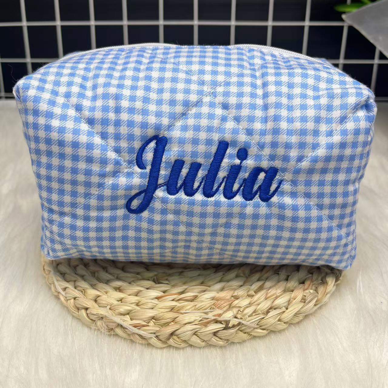 Embroidery Logo - Large Capacity Striped Cosmetic Bag with