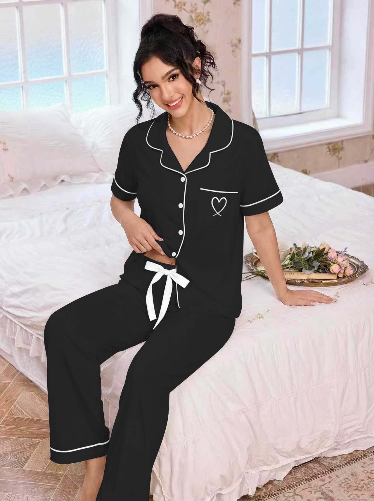 Women Lapel Pajamas Set Heart  - Embroidery Set review and price